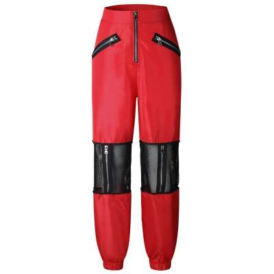 Fashion Women Patchwork Mesh Zip Sports Gym Long Pants Casual Leggings Trousers